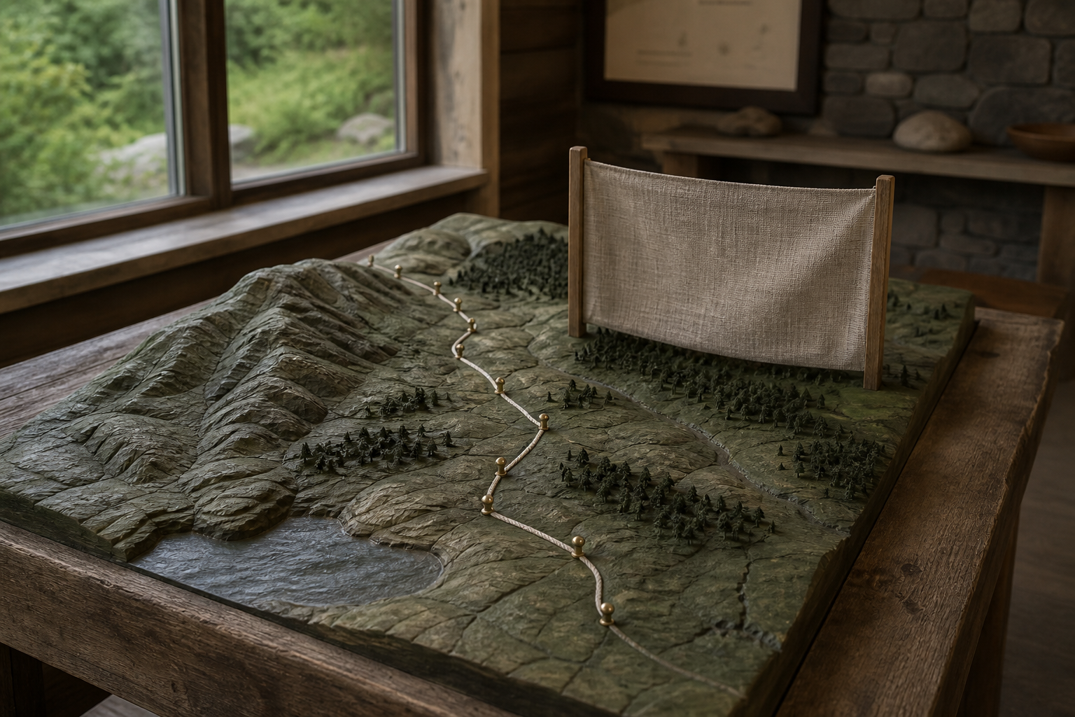 A handcrafted relief table with a marked public route and one sensitive area screened by linen